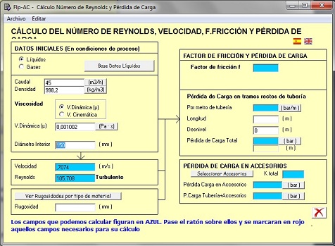 Cálculo de Número de Reynolds y Pérdida de Carga